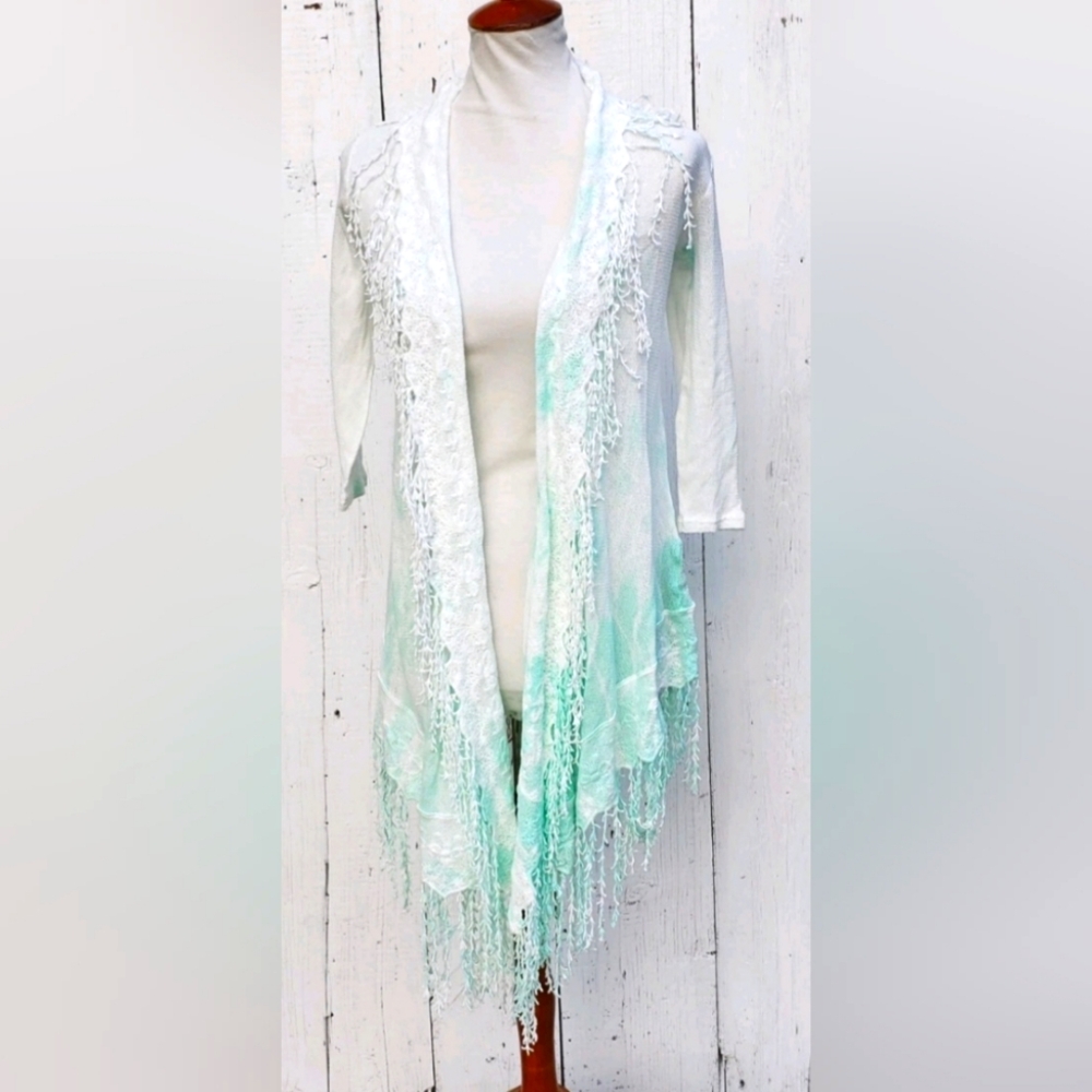 XCVI White Green Boho 3/4 Sleeve 100% Cotton Open Cardigan, Size Small, NWT